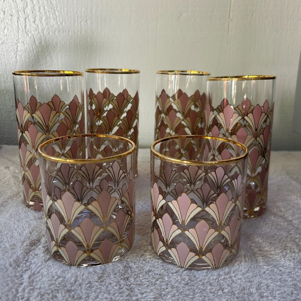 World Market Art Deco Pink Gold Rim Glassware MCM Set 6 Highball & Rocks Glasses